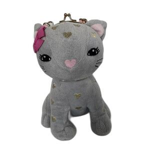 Gymboree 2017 Plush Cat Coin Purse Gray Gold Hearts Pink Bow Cute Accessories